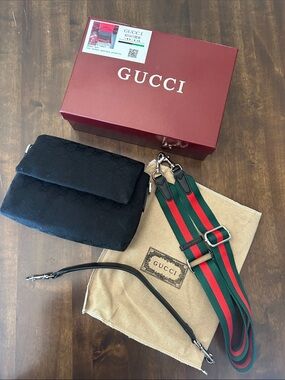 Inspire Black Monogram Shoulder Bag with Green-Red Web Strap